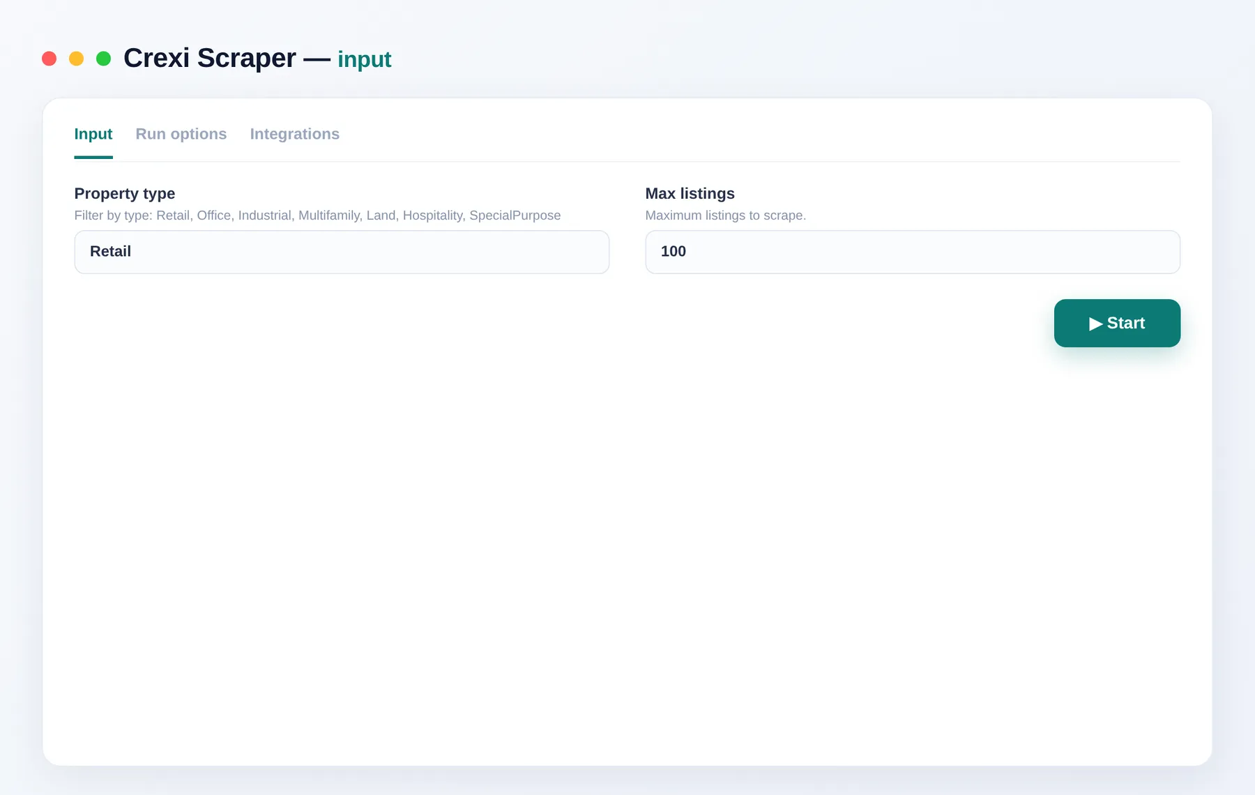 Crexi Scraper input — property type and item limit in the Apify Console