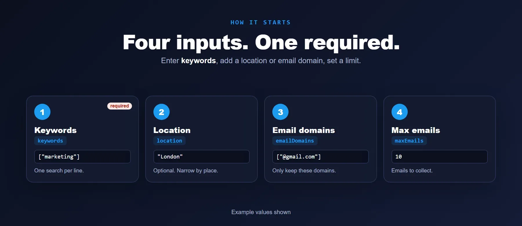 Dailymotion Email Scraper input: keywords, location, email domains and max emails