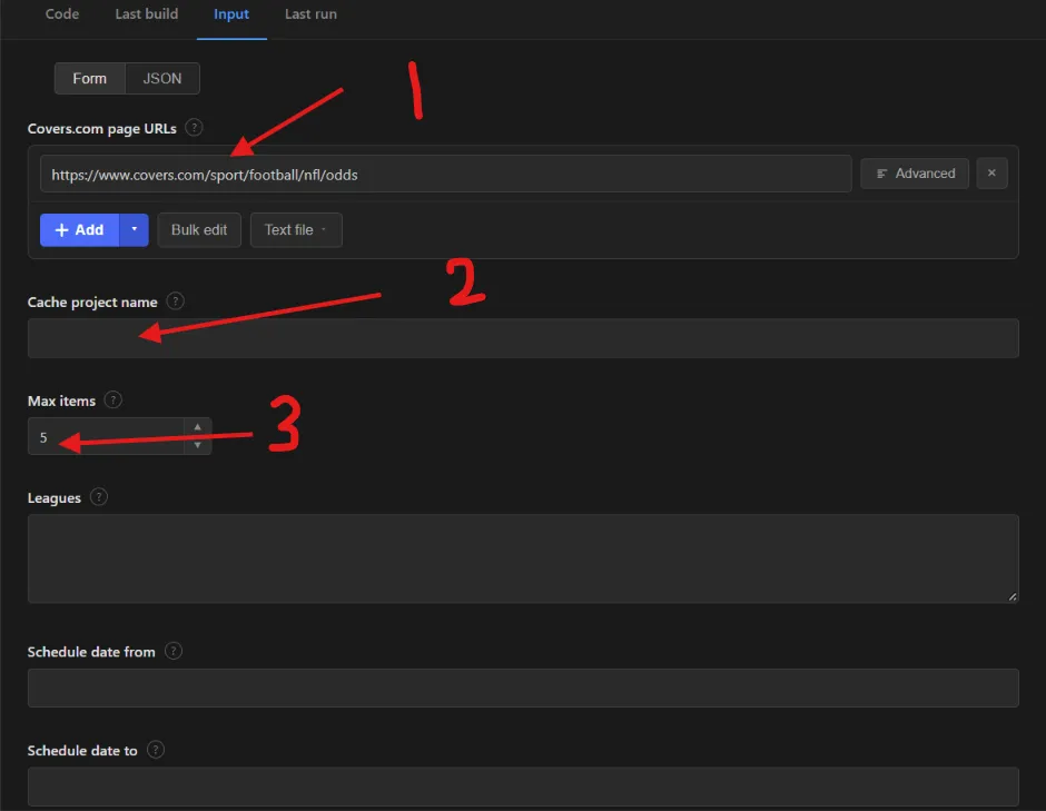 Covers.com odds scraper input form with the page URLs, cache project name and max items fields marked 1, 2 and 3