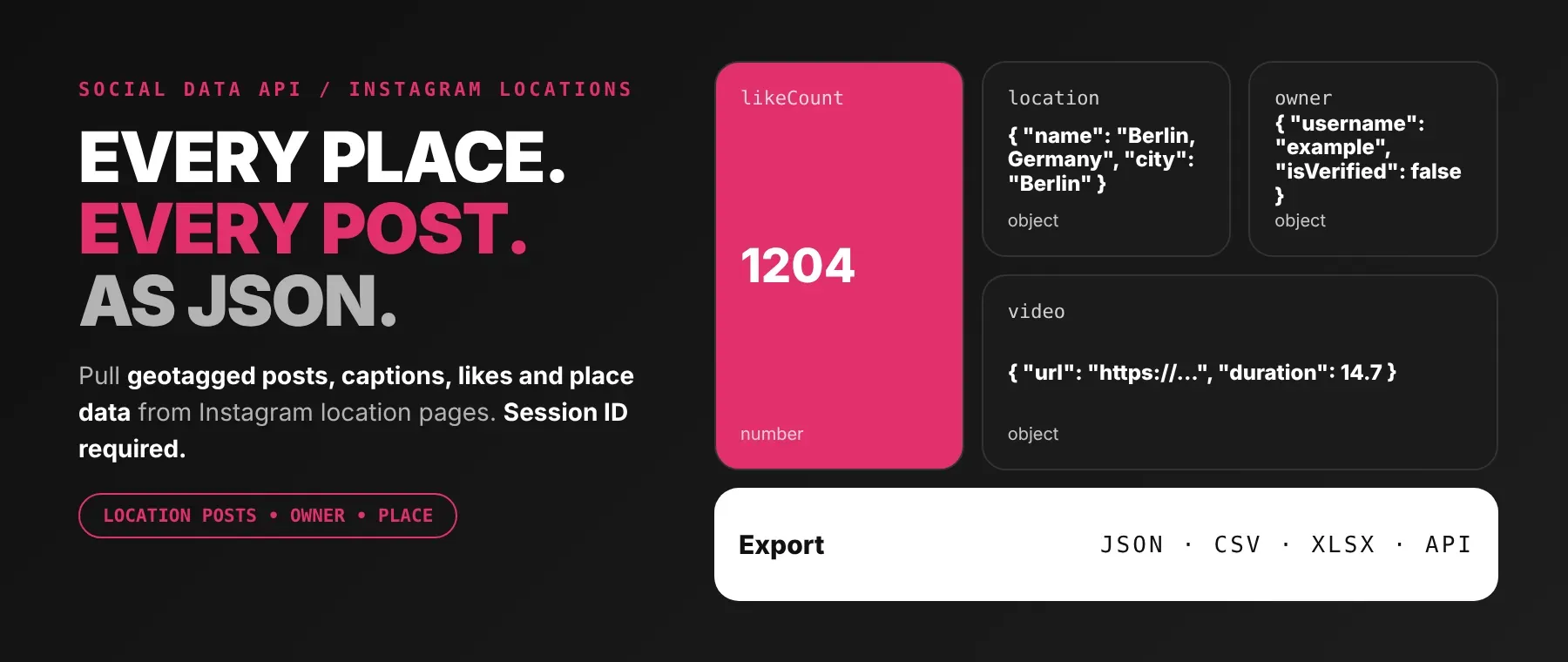 Instagram Location Scraper hero: geotagged posts, captions, likes and place data as JSON