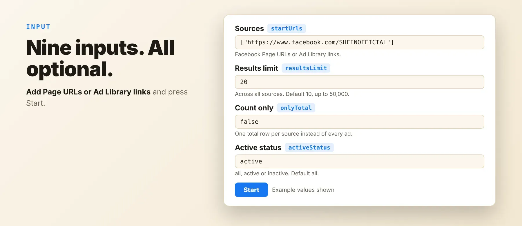 Facebook Ads Library Scraper input: startUrls, resultsLimit, onlyTotal and activeStatus