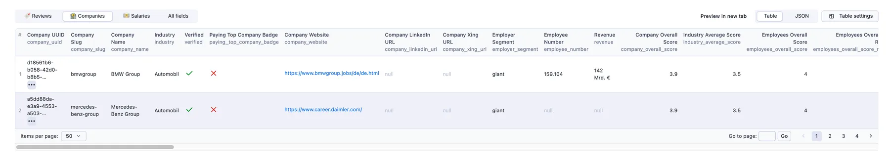 Company Table View Output