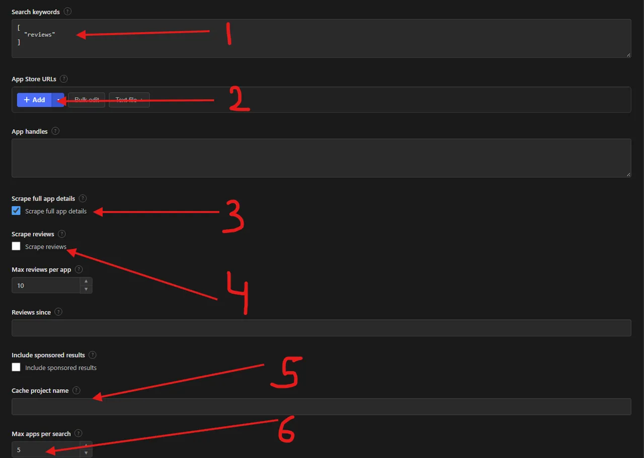 Shopify App Store scraper input form with search keywords, App Store URLs, scrape full app details, scrape reviews, cache project name and max apps per search fields marked 1 to 6 (earlier version of the form)