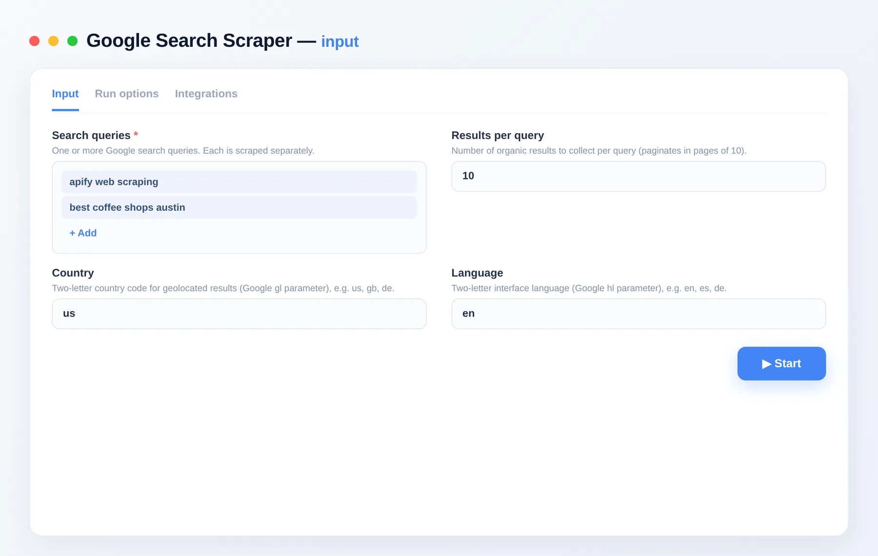 Google Search Scraper input — queries, results per query and country/language in the Apify Console