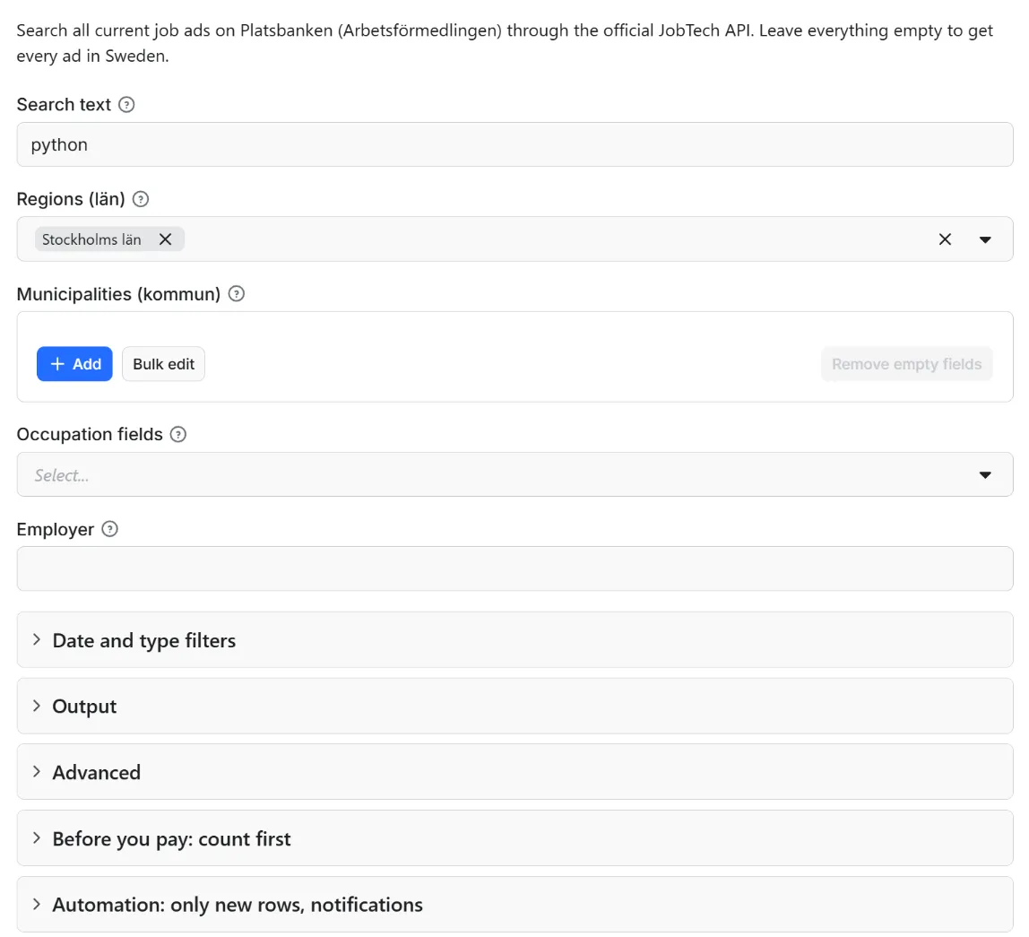Input form of Platsbanken Scraper: Sweden Jobs, Employers, Org Numbers