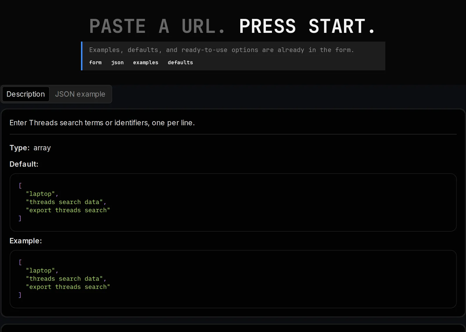 Threads Search Scraper source page and returned record