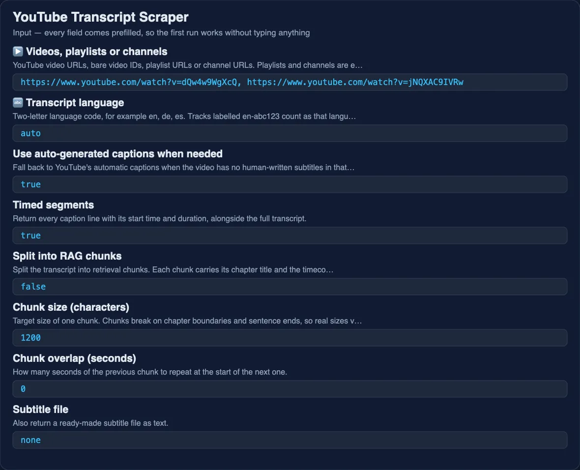 YouTube Transcript Scraper input form: videos, playlists or channels, transcript language, RAG chunks and subtitle format