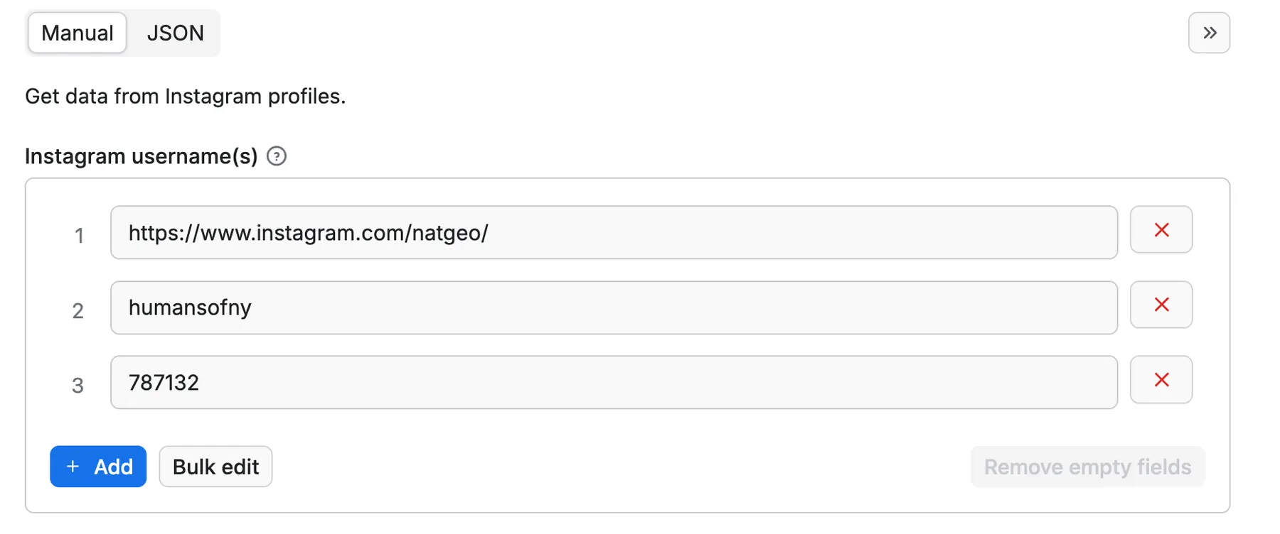 Instagram Profile Scraper input