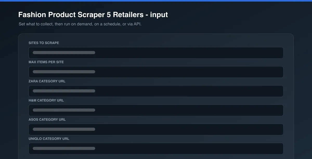 Fashion Product Scraper 5 Retailers input options