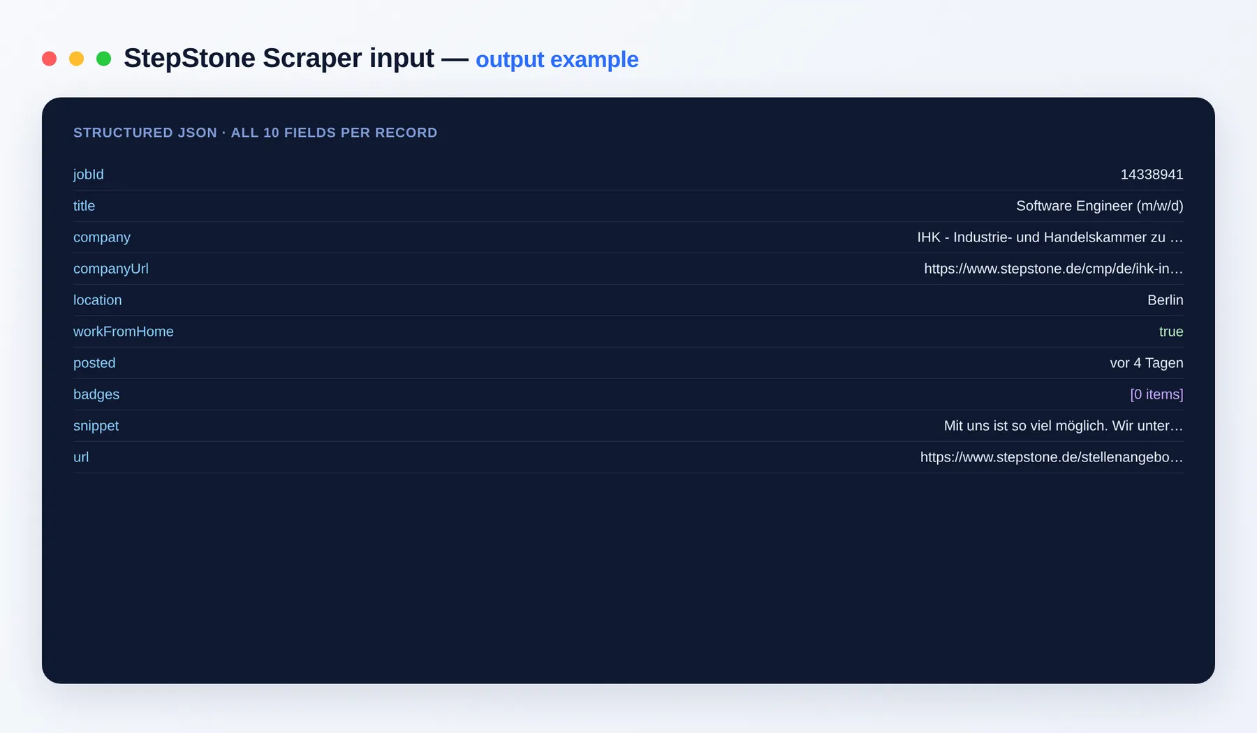 StepStone Scraper output example β jobs with company, location and apply link as structured JSON