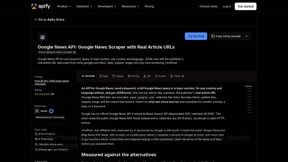 Google News API on the Apify Store: keyword searches and topic sections in any country and language, then the bench table