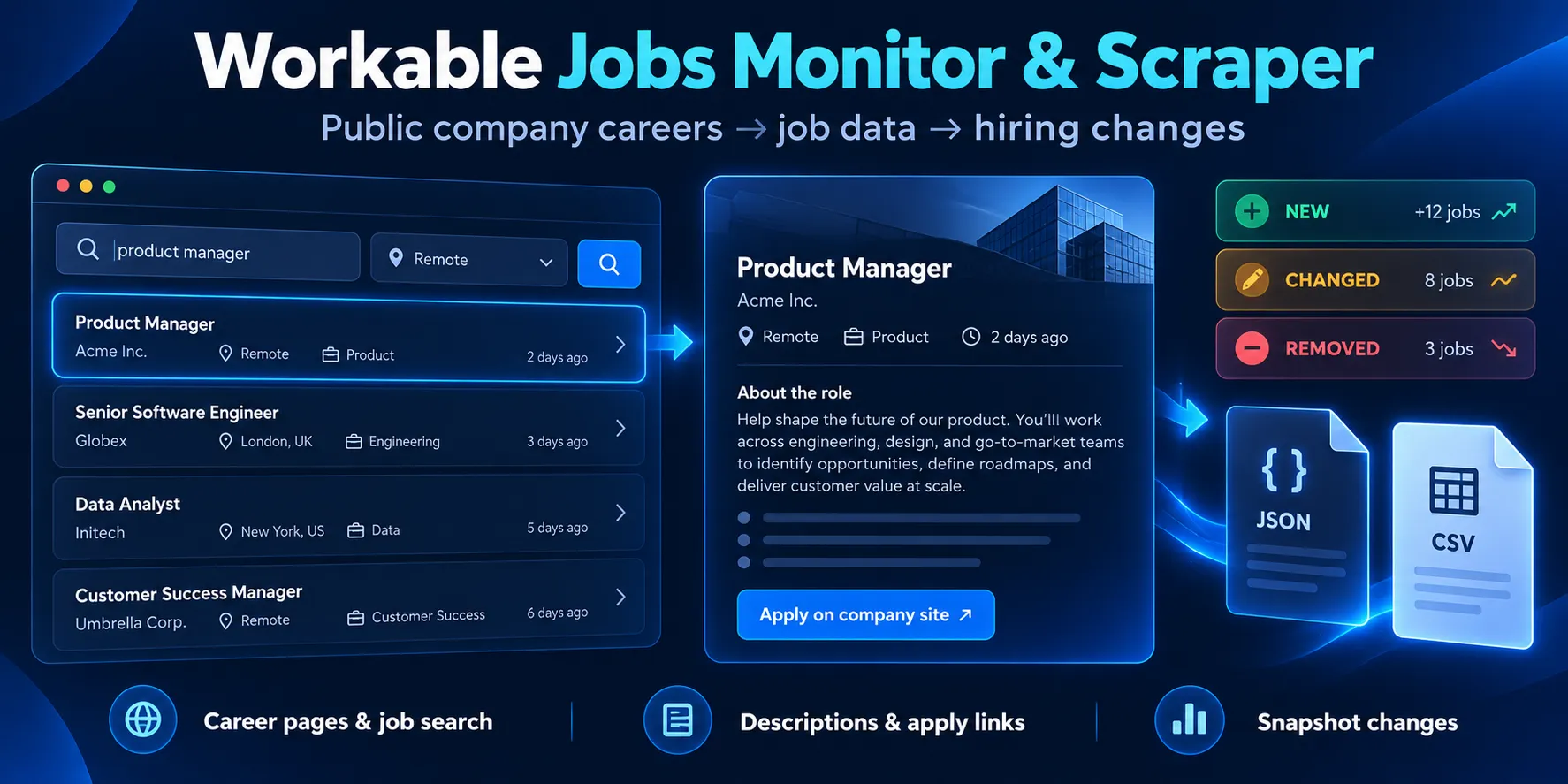Workable Jobs Monitor & Scraper: company boards, job search, changes and export