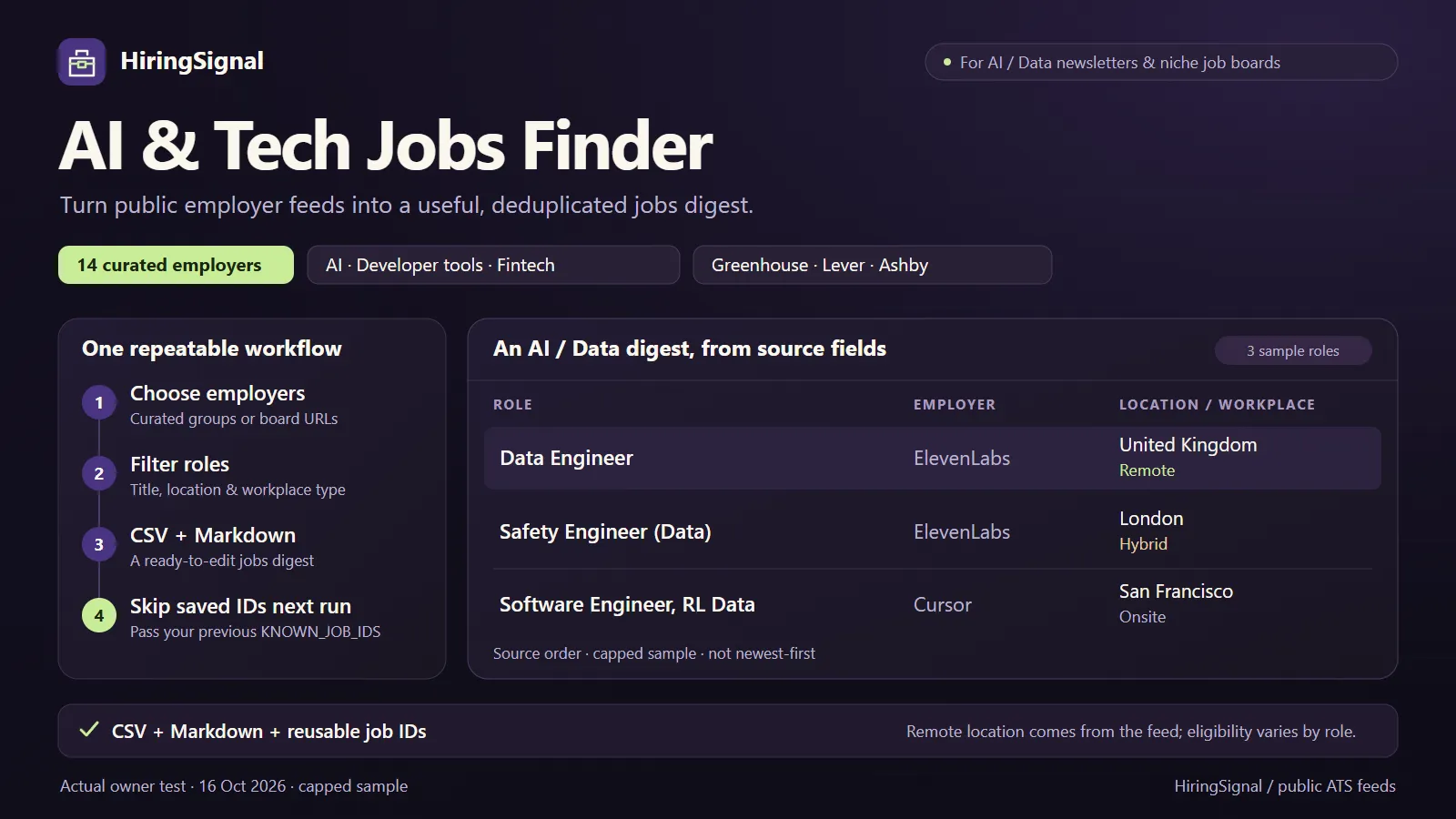 HiringSignal: selected employer feeds to a reviewable jobs shortlist