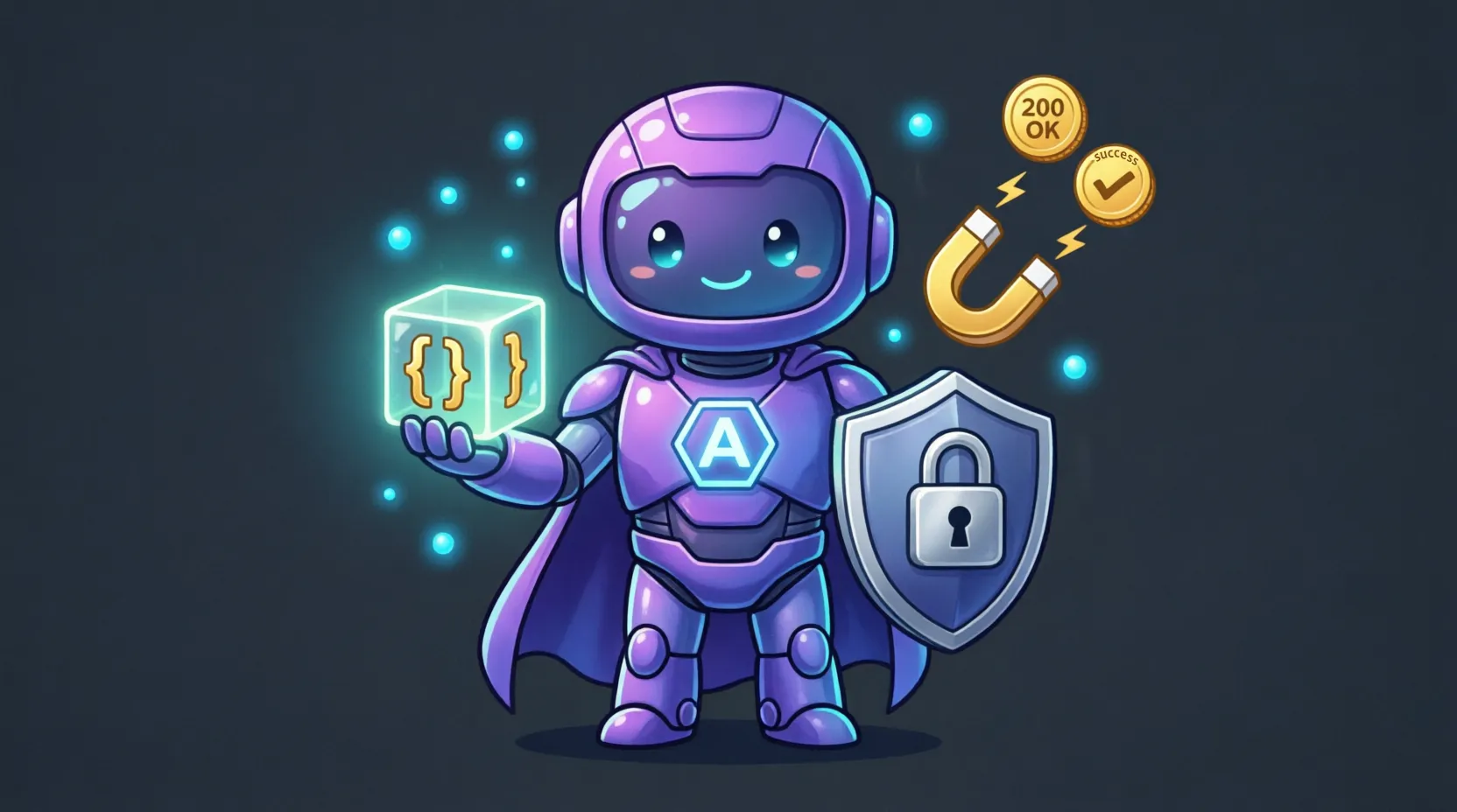 API Heros mascot holding a JSON cube and proxy shield