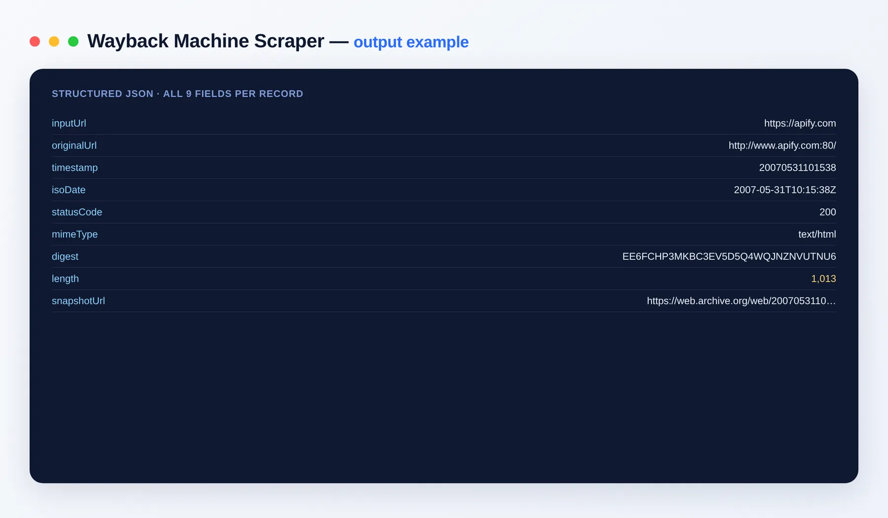 Wayback Machine Scraper output example — one archived snapshot per row as structured JSON