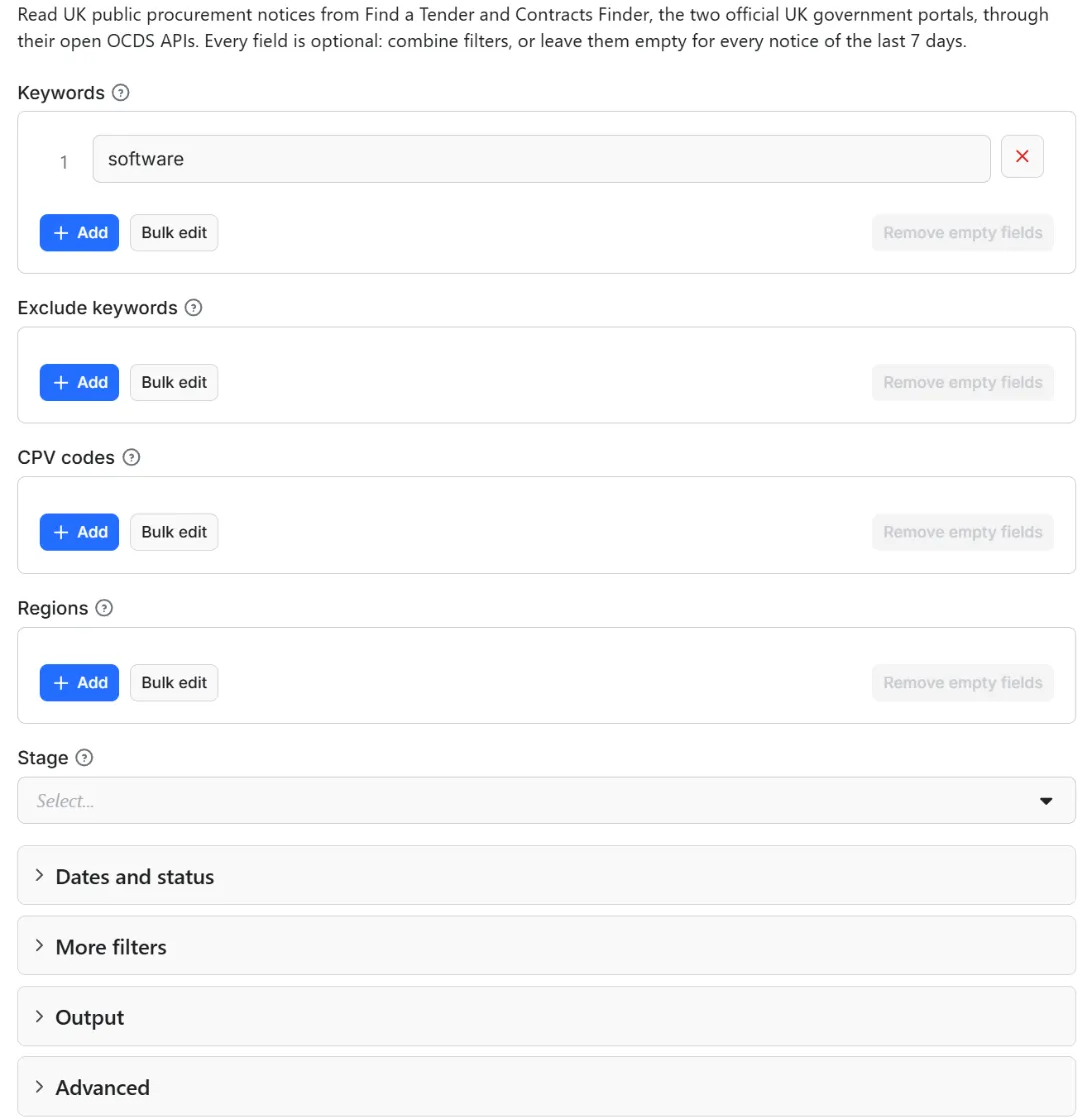 Input form of UK Tenders Scraper: Find a Tender + Contracts Finder API