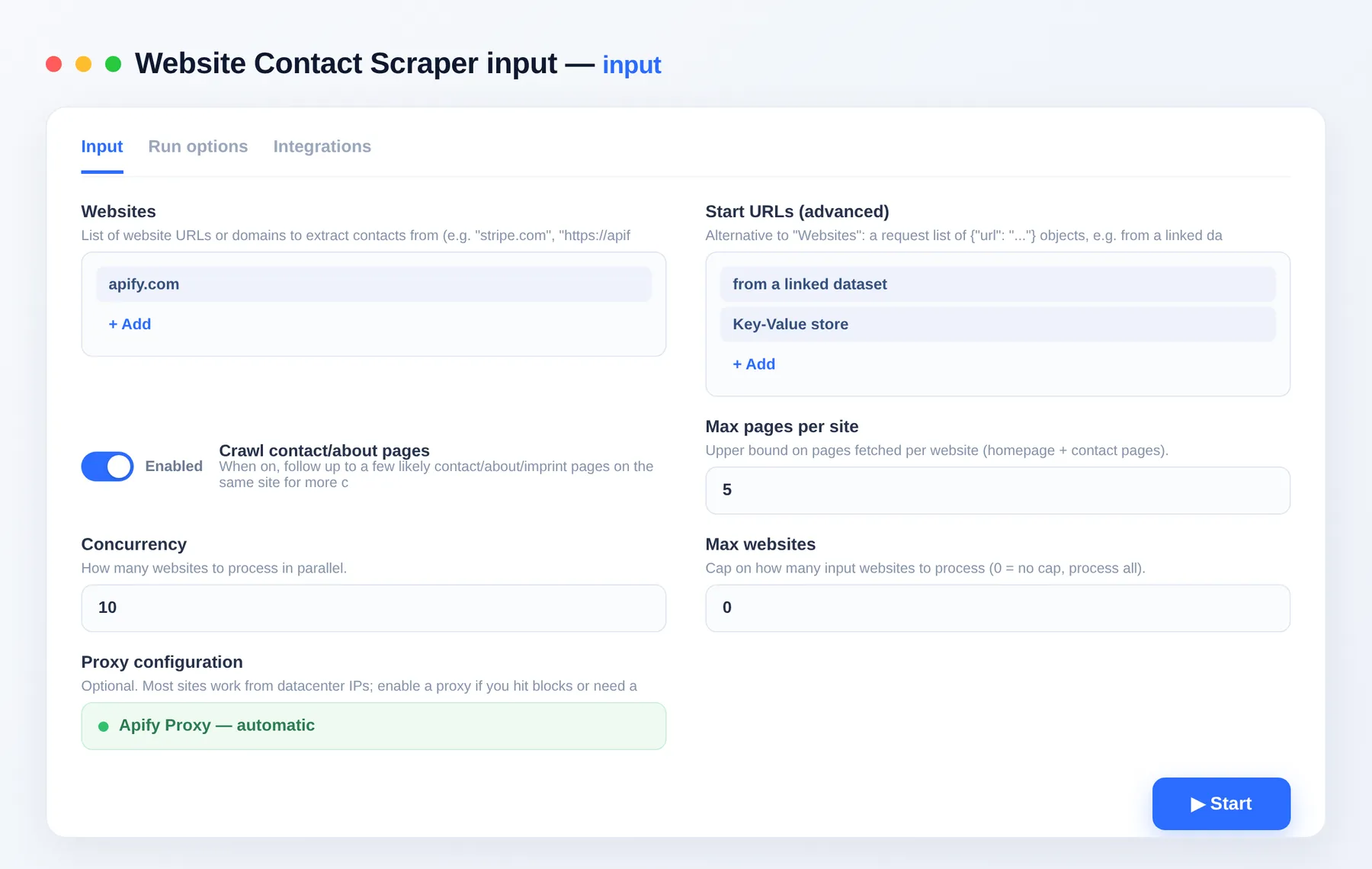 Website Contact Scraper input — website list, deep-crawl and concurrency options in the Apify Console