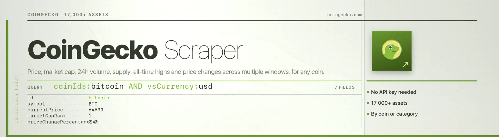 CoinGecko Scraper: Price, market cap, 24h volume, supply, all-time highs and price changes across multiple windows, for any coin