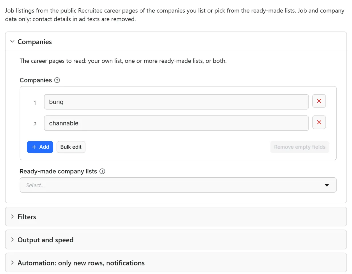 Input form of Recruitee Jobs Scraper – Job Listings by Company Career Site