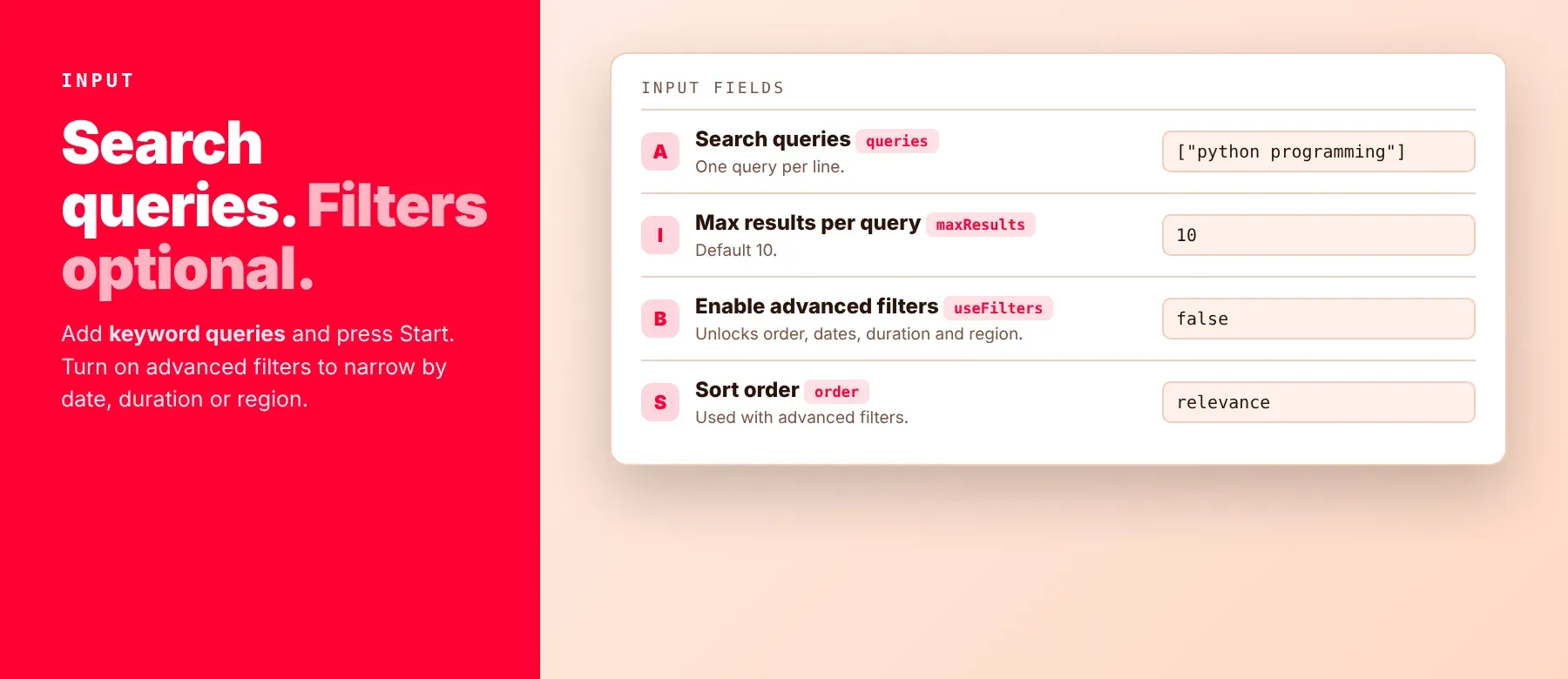 Input fields of the YouTube Search Scraper