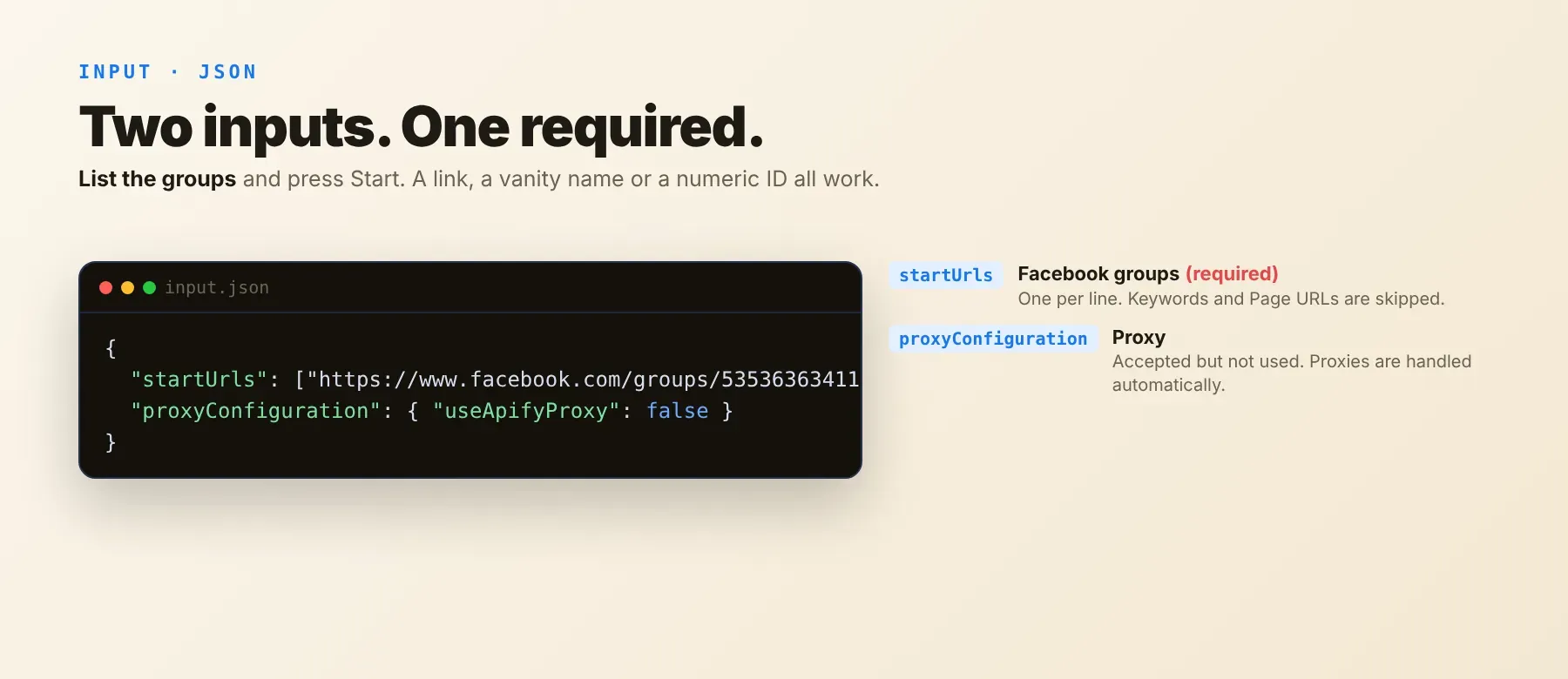 Facebook Group Profile Scraper input: group links, vanity names or numeric group IDs
