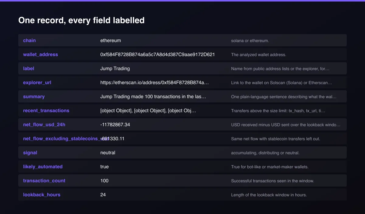 Whale Wallet Tracker: Solana & Ethereum Smart Money Signals field map of one record