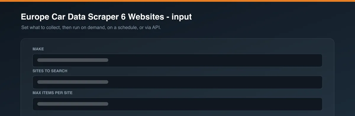 Europe Car Data Scraper 6 Websites input options
