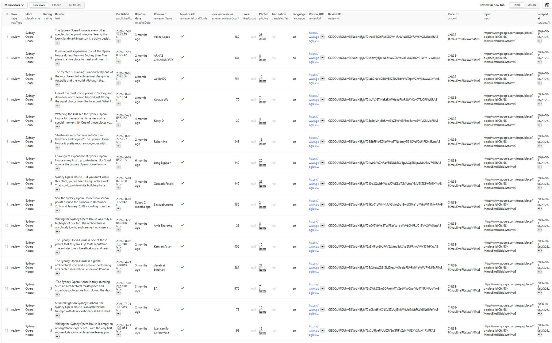 Google Maps Reviews Scraper — Reviews table view