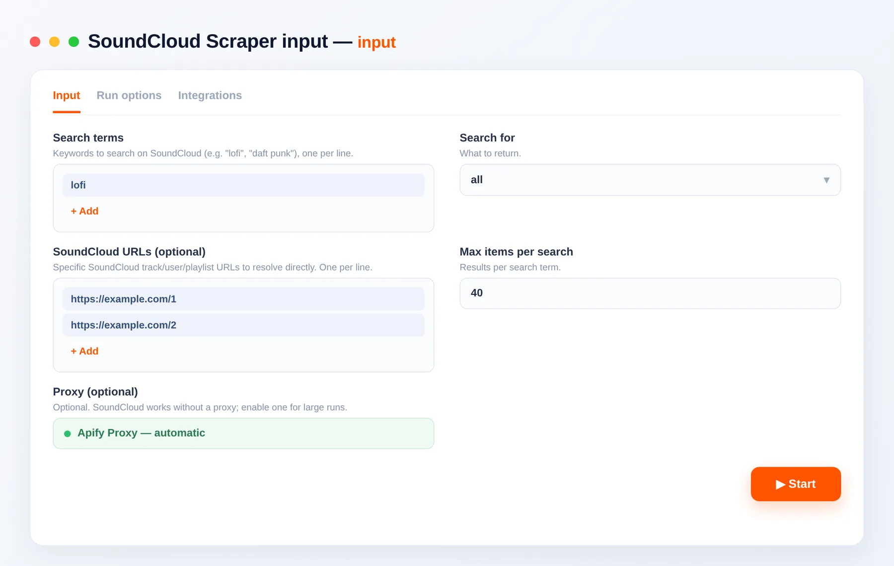 SoundCloud Scraper input — search terms, type and item limit in the Apify Console