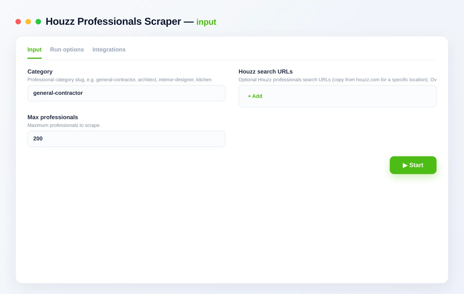 Houzz Professionals Scraper input — category, startUrls and maxItems in the Apify Console