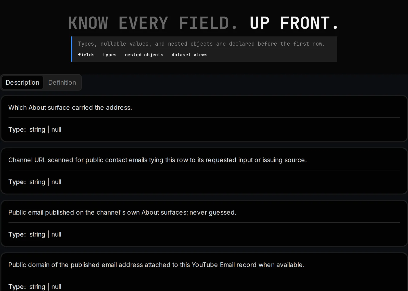 YouTube Email Scraper declared output schema