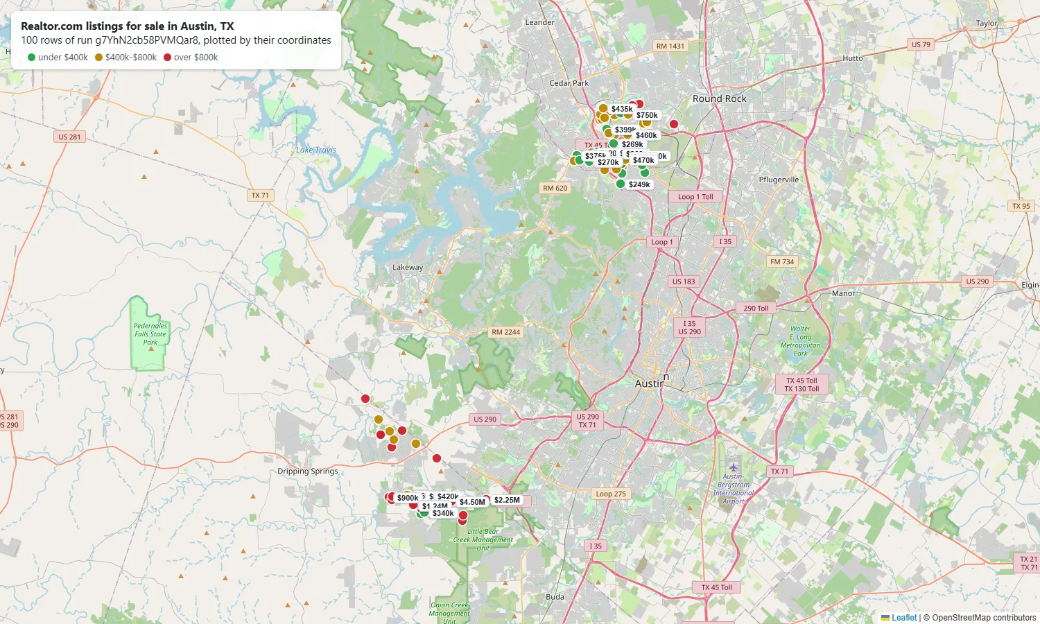Realtor.com listings for sale in Austin, TX from a Realtor.com Scraper run, plotted by their coordinates