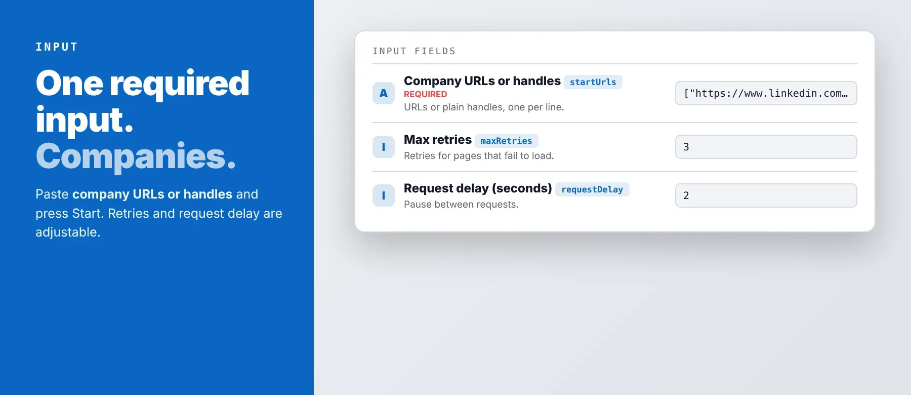 Input fields of the LinkedIn Company About Scraper