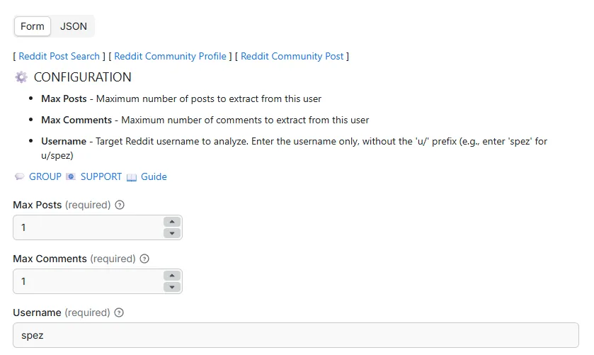 Reddit User Profile input configuration showing 3 parameters: Username (text input), Max Posts (number input), and Max Comments (number input)