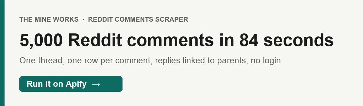 5,000 Reddit comments in 84 seconds: one row per comment, replies linked to their parents