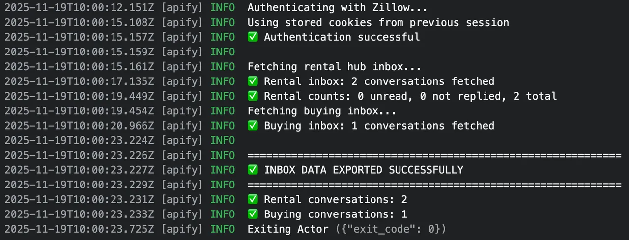 Zillow Message Inbox API screenshot