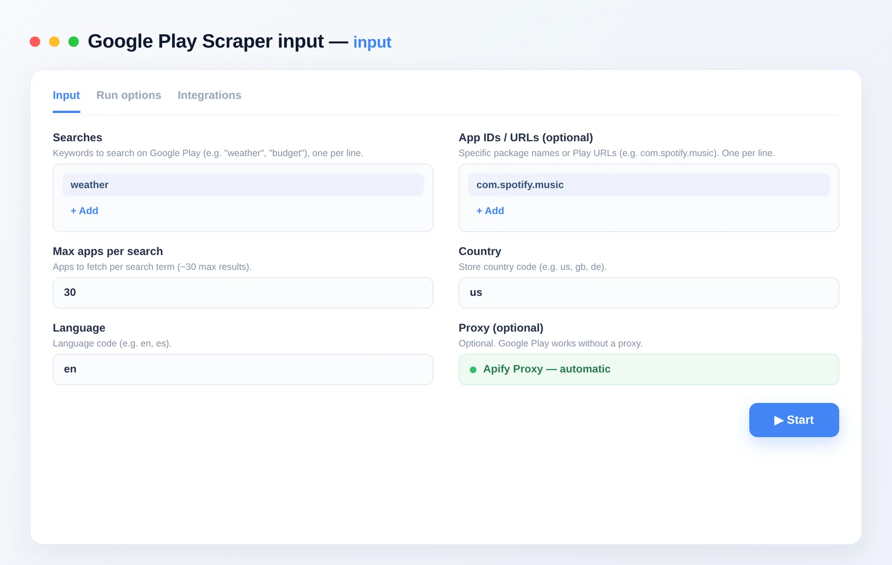 Google Play Scraper input — search terms, app IDs and country/language in the Apify Console