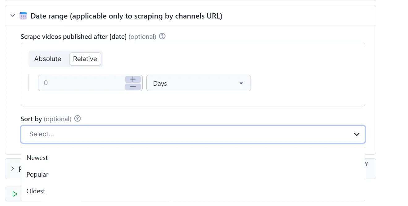 YouTube Scraper date filter by URL