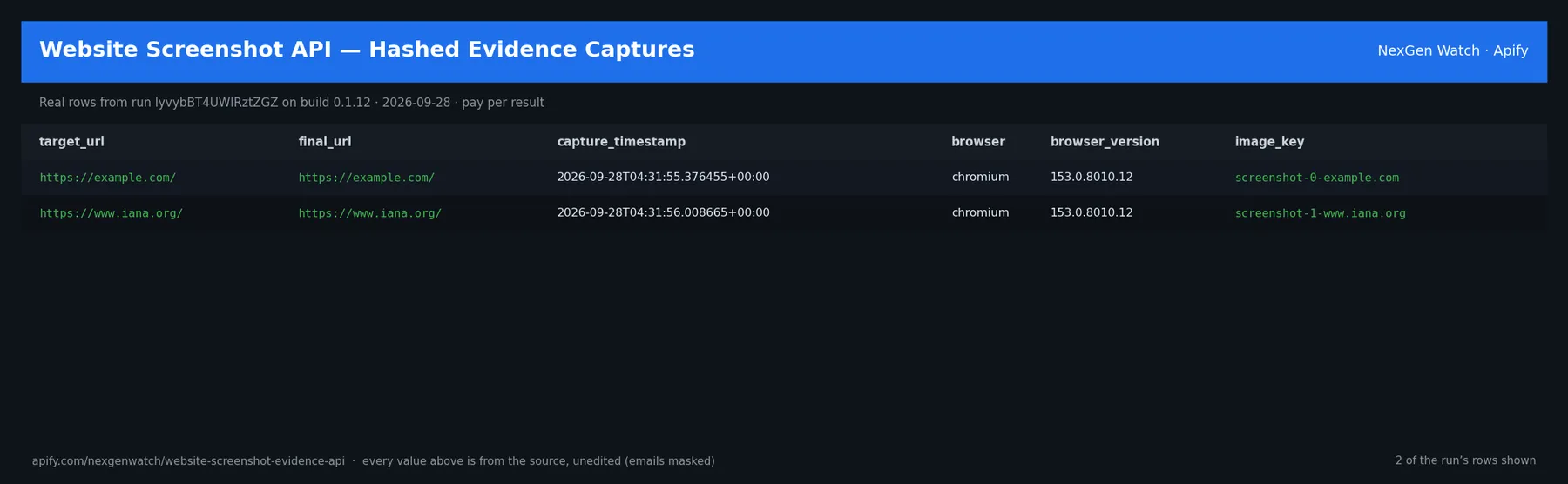 Website Screenshot API sample output — real capture rows (target_url, final_url, capture_timestamp, browser) from a Store-example run