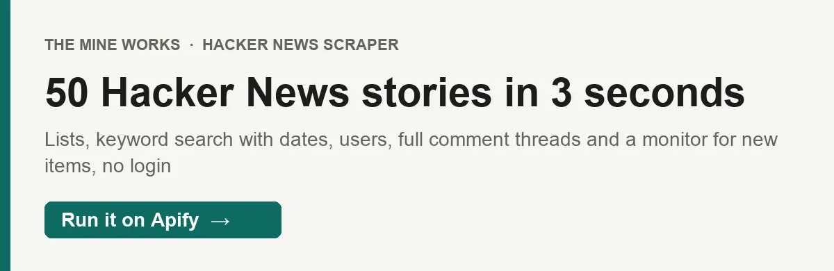 50 Hacker News front page stories in 3 seconds, with points, comments, domain and author