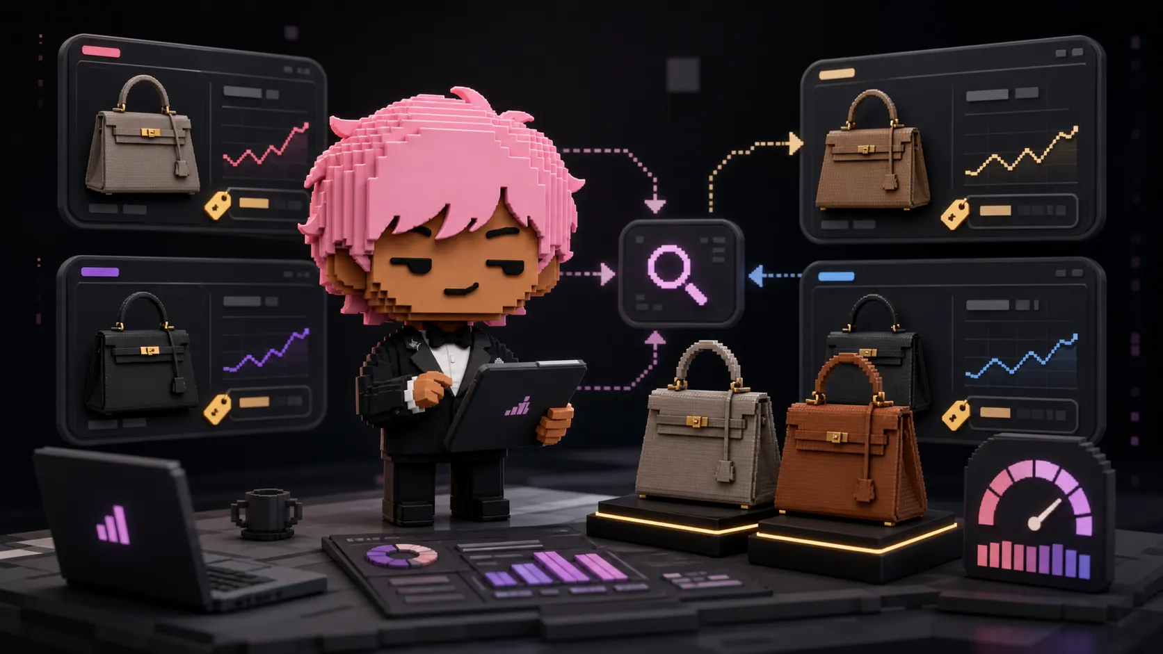 Pink-haired voxel analyst comparing generic luxury handbag listings across resale marketplaces