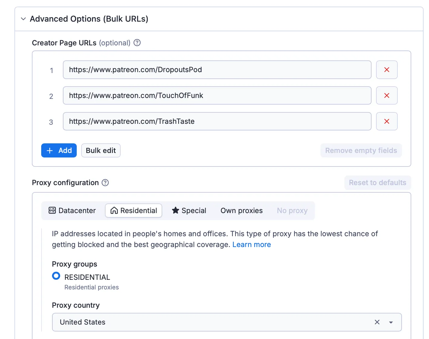 Scraper Sample Advanced Options Input