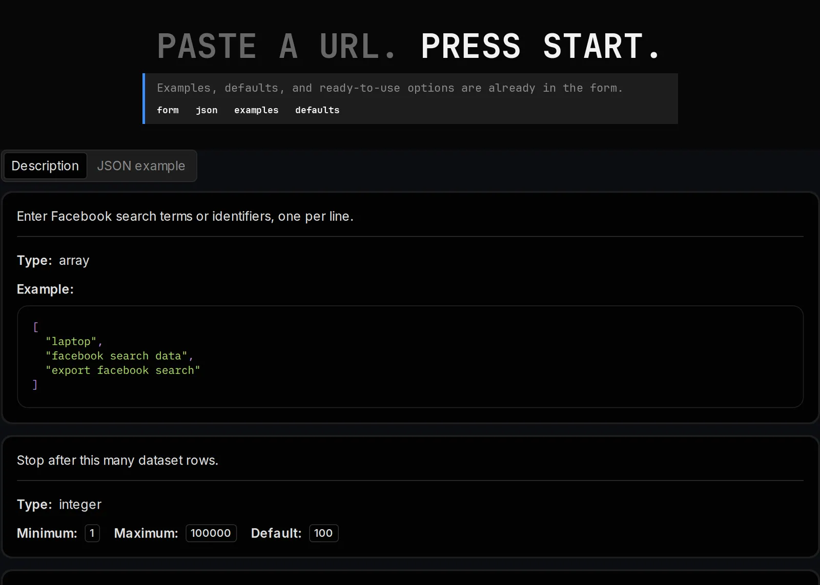 Facebook Search Scraper published input controls