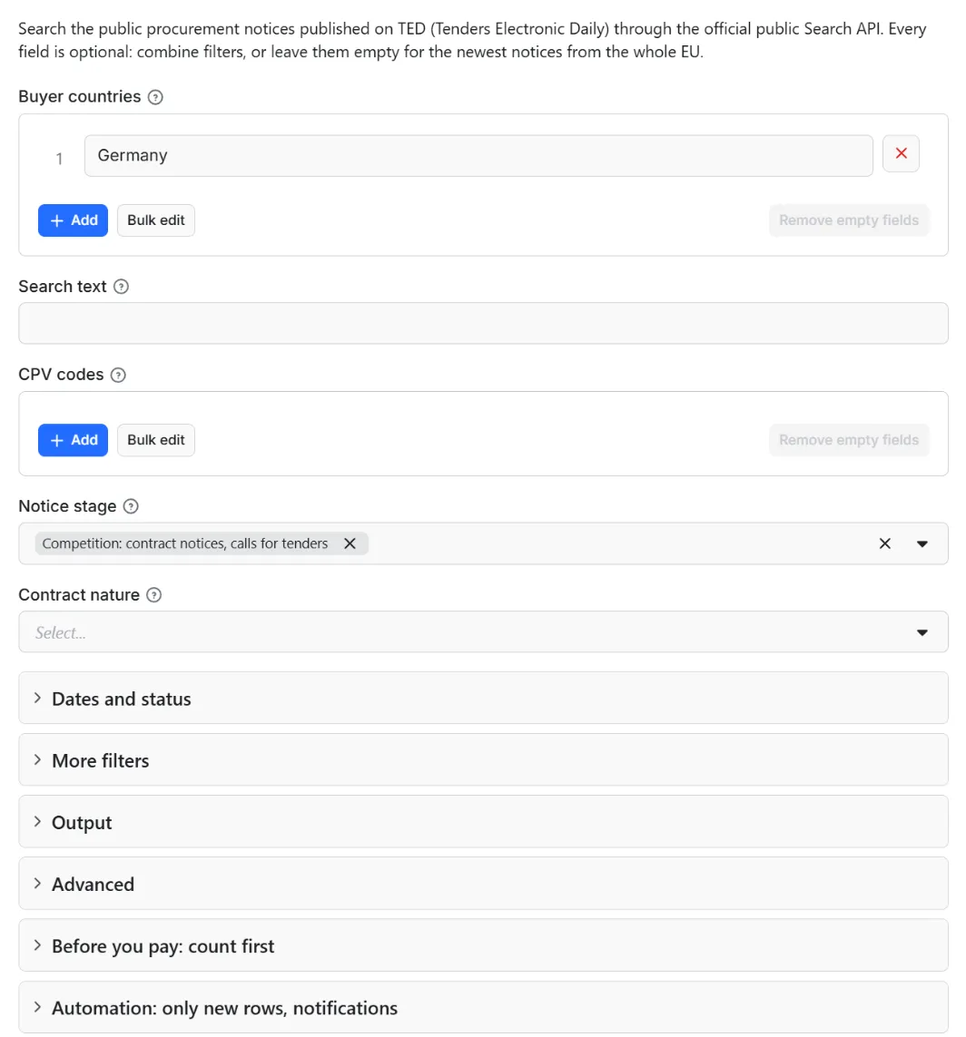 Input form of TED Tenders Scraper: EU Public Procurement Notices API