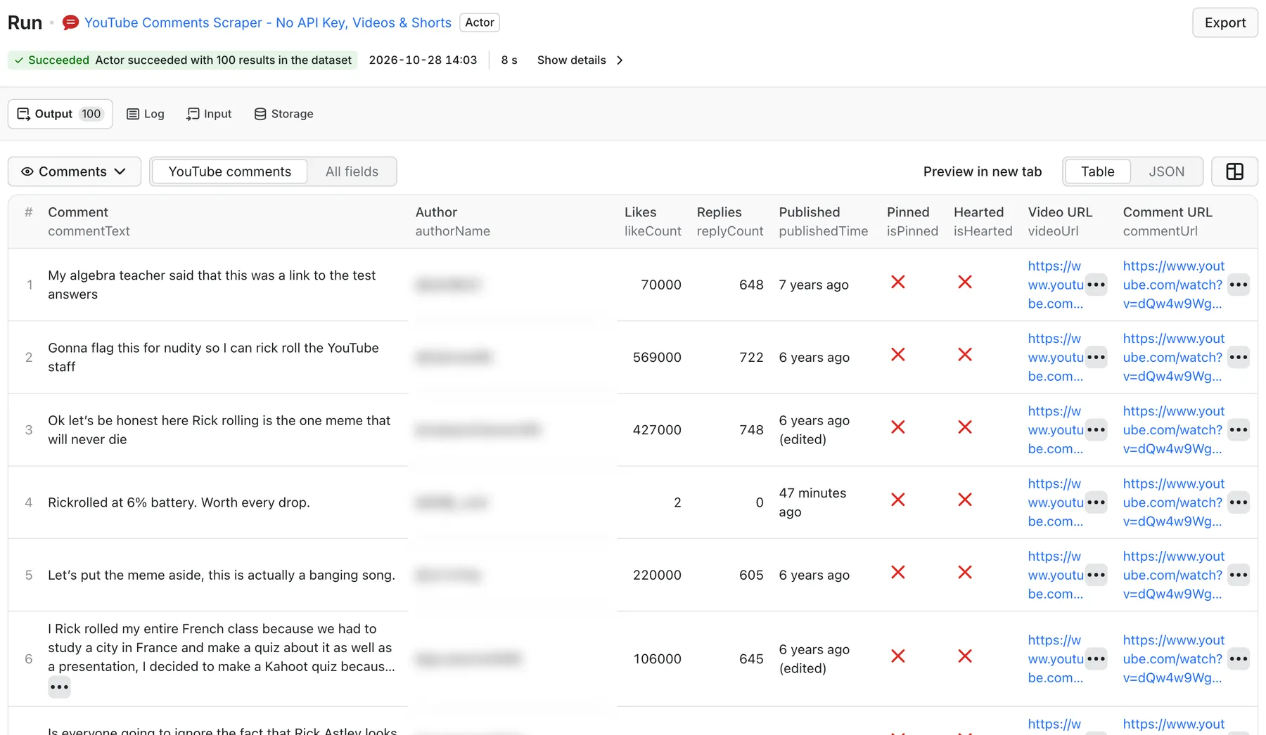 YouTube Comments Scraper output in Apify: comment, author, likes, replies, published, pinned, hearted