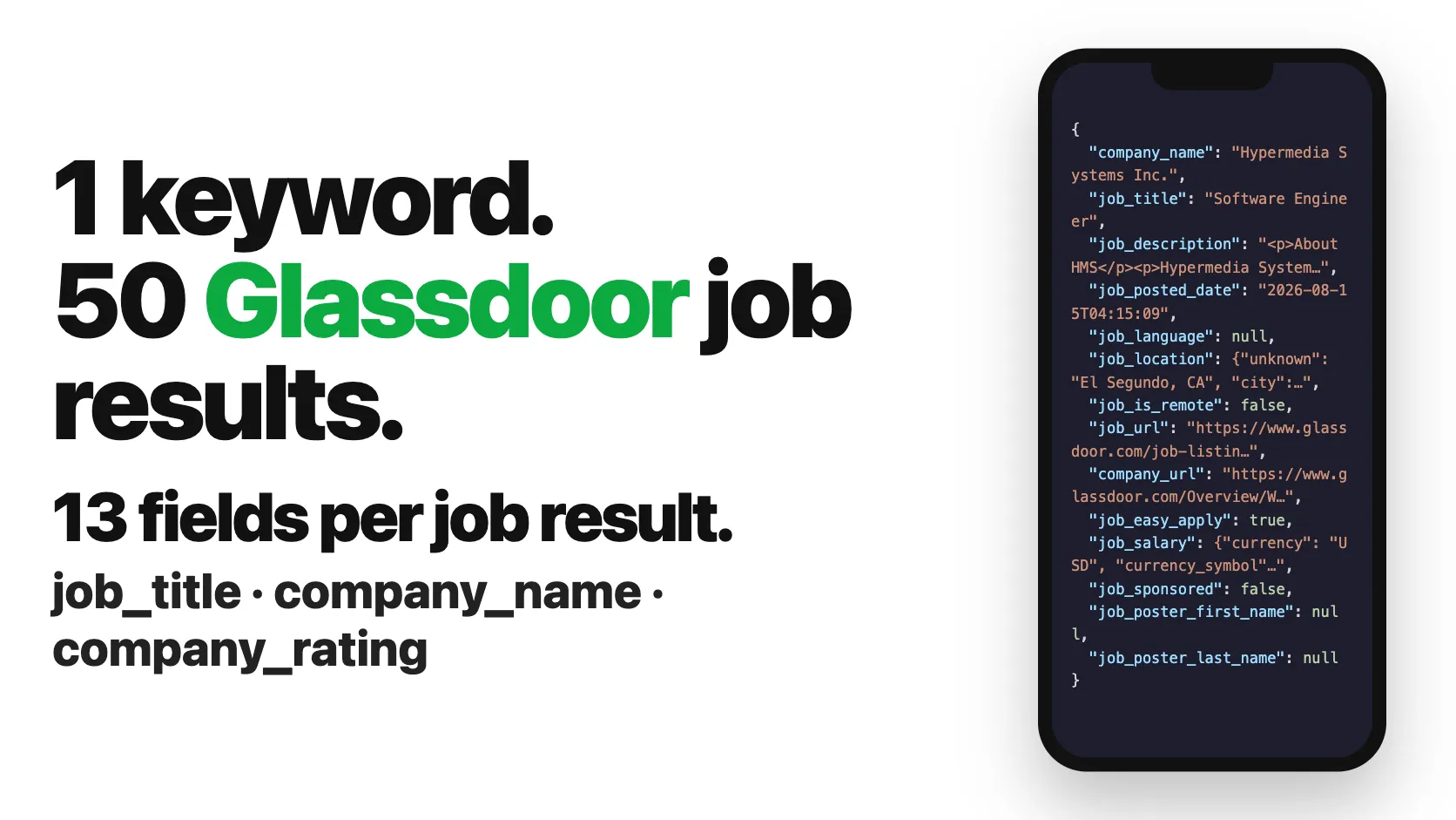 1 keyword. 50 Glassdoor job results. 13 fields per job result.