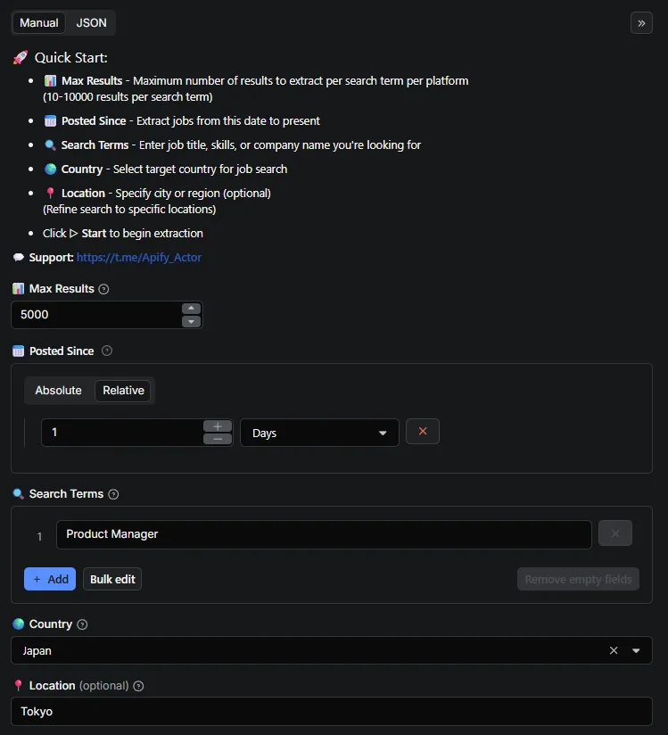 Indeed Scraper Input Interface - Configure Indeed job search: select max results, posted since date, country, location, and search terms