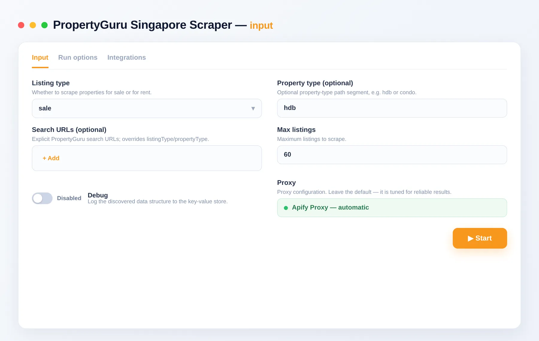 PropertyGuru Scraper input — listing type, search URLs and max listings in the Apify Console