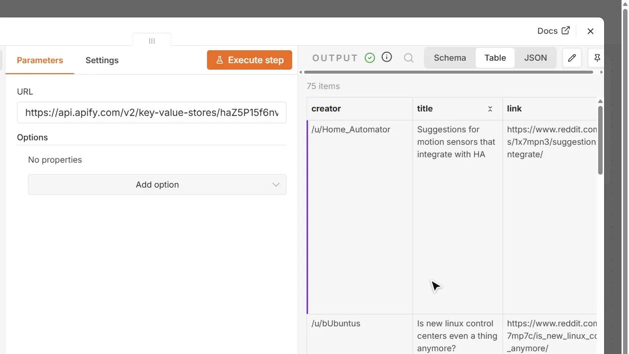 The same feed link in the n8n RSS Read node