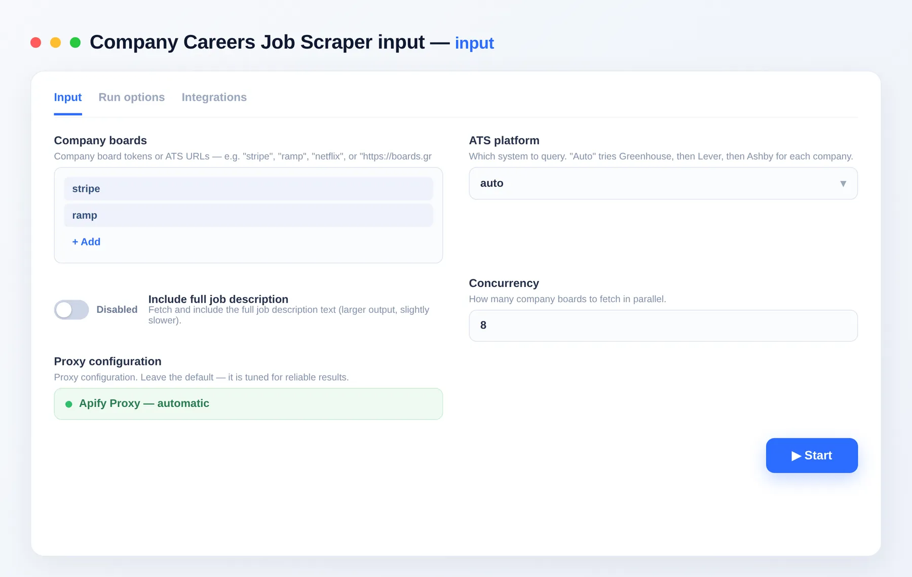 Company Careers Job Scraper input — company board tokens, platform and description toggle in the Apify Console